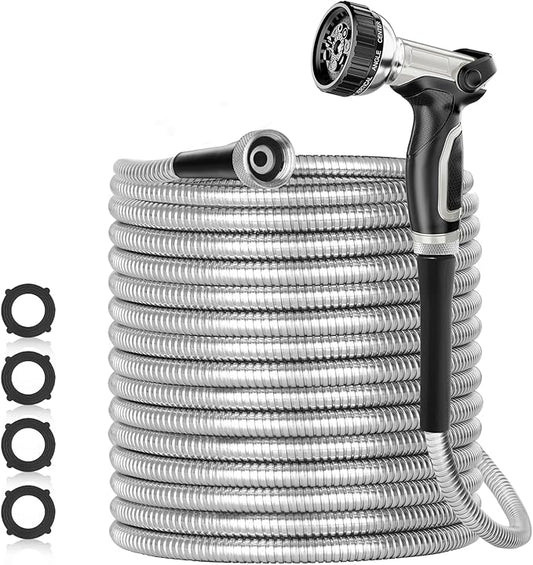 SPECILITE 200ft 304 Stainless Steel Garden Hose Metal, Heavy Duty Water Pipe with Nozzles for Yard, Outdoor - Flexible, Never Kink & Tangle, Puncture Resistant (Sliver)