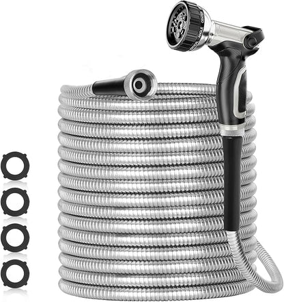 SPECILITE 25ft 304 Stainless Steel Garden Hose Metal, Heavy Duty Water Pipe with Nozzles for Yard, Outdoor - Flexible, Never Kink & Tangle, Puncture Resistant (Sliver)