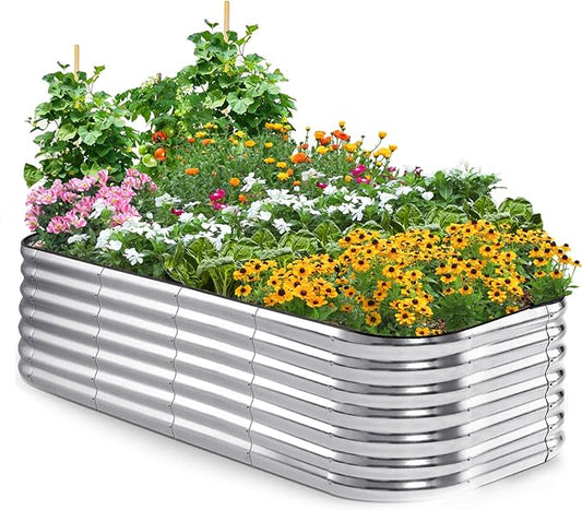 Quictent Raised Garden Bed Kit Oval Galvanized Metal Planter Box Tall for Vegetables Outdoor Backyard, Rubber Strip Edging Included, Silver 6x3x2 ft