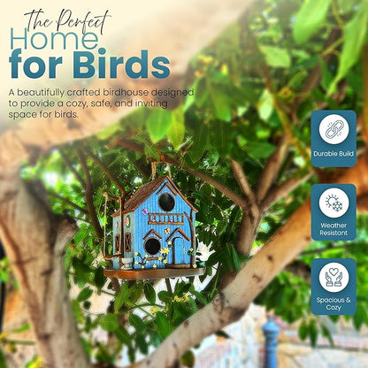 Enchanted Forest Outdoor Birdhouse for Hanging - Deluxe Multi-Family Design, Multiple 1.65" Entrance Holes, Swing Perch, Seed Tray, Water Dish, Butterfly & Flower Accents, Weather Resistant Resin