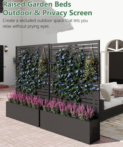 Metal Planter Box with Trellis,70.9"x47.2"x15.7" Raised Garden Bed with Drainage Holes, Privacy Planters for Outdoor Garden Bed for Climbing Plants,Vegetables,and Vines, Black-louvered
