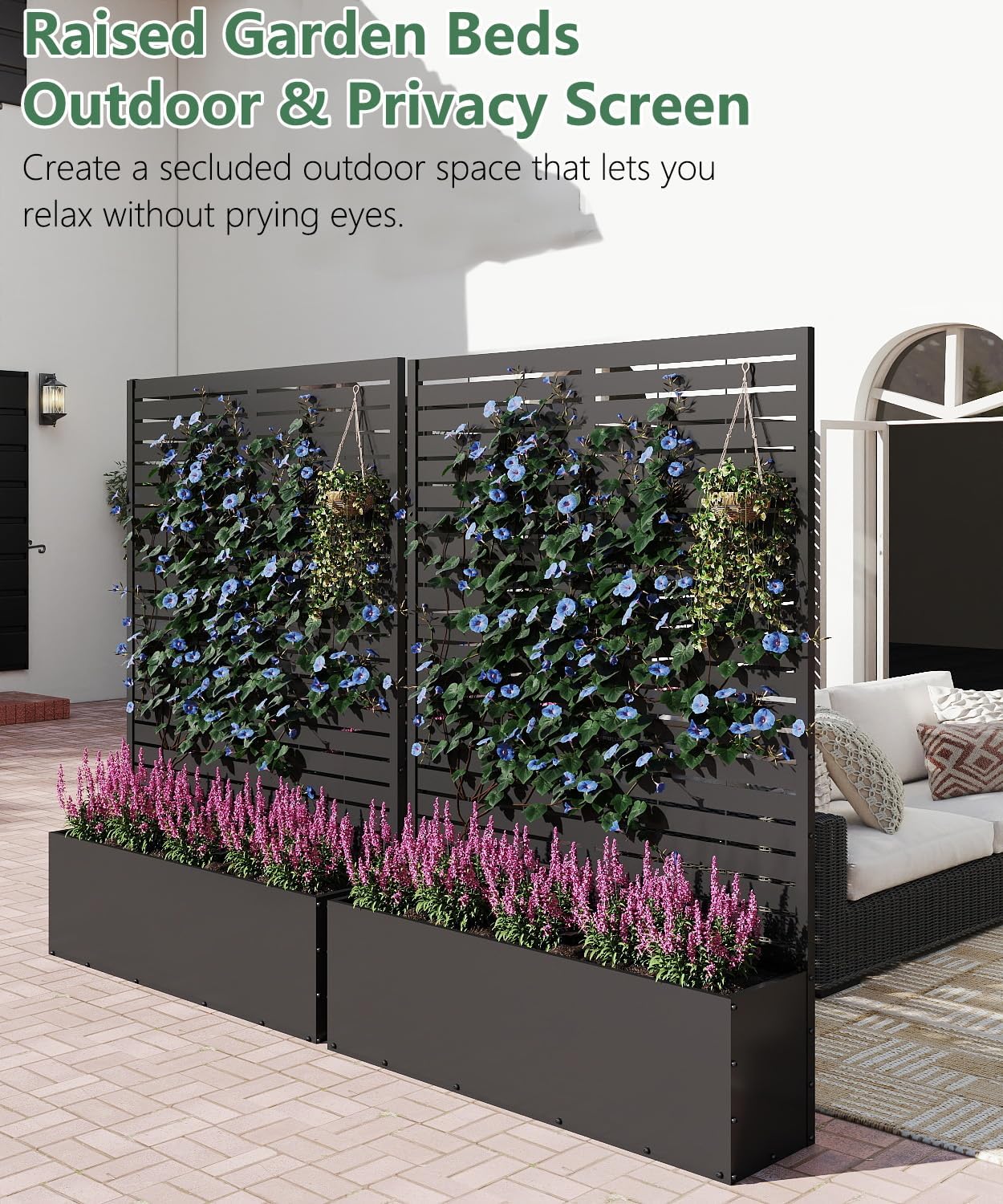 2PCS Metal Planter Box with Trellis,70.9"x47.2"x15.7" Raised Garden Bed with Drainage Holes, Privacy Planters for Outdoor, Garden Bed for Climbing Plants,Vegetables,and Vines, Black-louvered