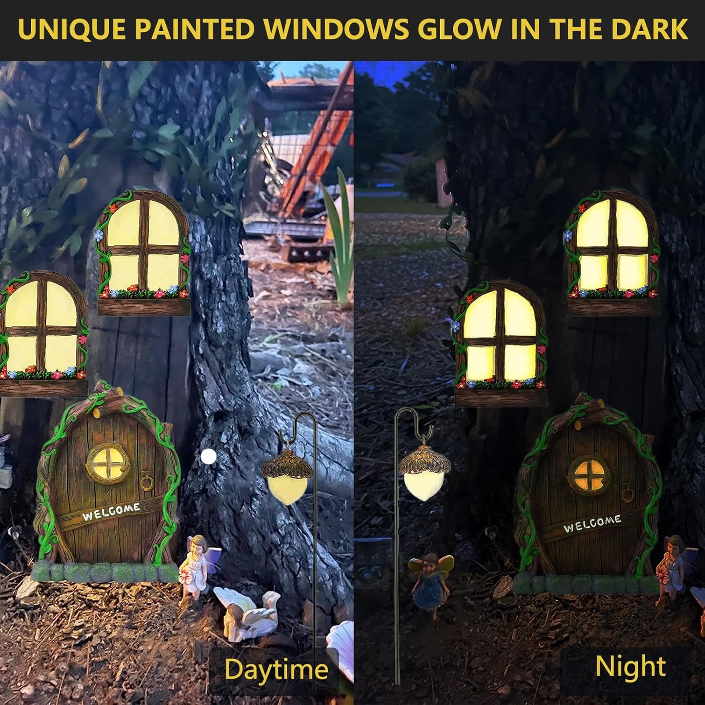 Miniature Fairy Garden Accessories: Glow in The Dark Fairy Door and Windows for Trees, Green Resin Garden Ornament with Lantern