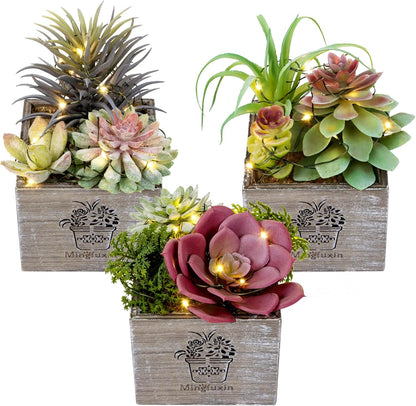 Small Fake Plants, 3 Packs Mini Succulent Plants Artificial with Led Lights for Indoor Bathroom Bedroom Desk Office Decor