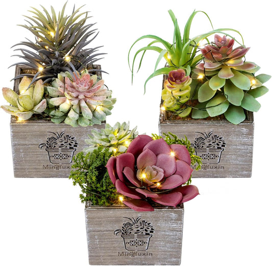 Small Fake Plants, 3 Packs Mini Succulent Plants Artificial with Led Lights for Indoor Bathroom Bedroom Desk Office Decor