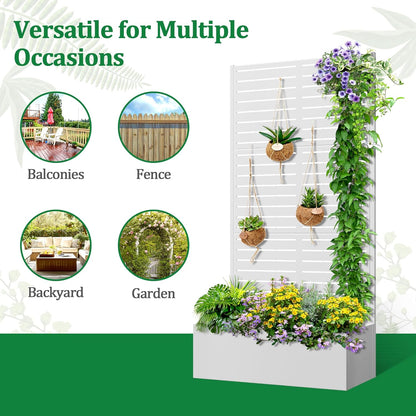 Metal Raised Garden Bed with Trellis, 2 in 1 Trellis with Planter Box & Privacy Screen for Climbing Plants, Vine, Outdoor Standing Flower Beds with Drainage Holes, 35.4"L x 15.7"W x 70.9"H, White