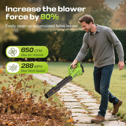Leaf Blower Cordless 650CFM 288MPH Electric Leaf Blower with 2 x 4.0Ah Battery Operated, 6 Speed Mode, 20V Powered Handheld Blowers for Lawn Care, Patio, Dust, Blowing Leaves
