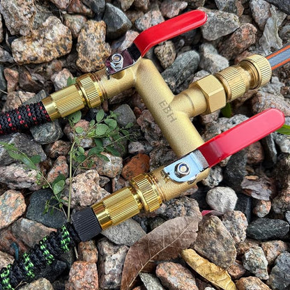 EBH Garden Hose Splitter, 2-Way High Flow Heavy Duty Brass Outdoor Hose Manifold with Extra Long Handles Full Flow Faucet Adapter- 3/4” GHT(Red)