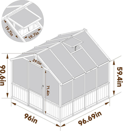 BlueWish 8x8 FT Greenhouses for Outdoors, Cedar Green House with 6MM Polycarbonate Panel, Greenhouse Kit with Adjustable Vent & Lockable Door, Walk-in Greenhouse for Outside, Garden, Backyard
