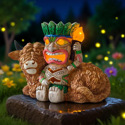 Funny Tiki Highland Cow Solar Garden Statue with LED Light - Outdoor Yard Lawn Patio Decor - Great Birthday Housewarming Gift for Women, Mom, Grandma