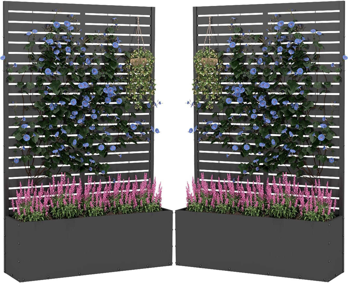 2PCS Metal Planter Box with Trellis,70.9"x47.2"x15.7" Raised Garden Bed with Drainage Holes, Privacy Planters for Outdoor, Garden Bed for Climbing Plants,Vegetables,and Vines, Black-louvered