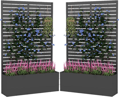 2PCS Metal Planter Box with Trellis,70.9"x47.2"x15.7" Raised Garden Bed with Drainage Holes, Privacy Planters for Outdoor, Garden Bed for Climbing Plants,Vegetables,and Vines, Black-louvered