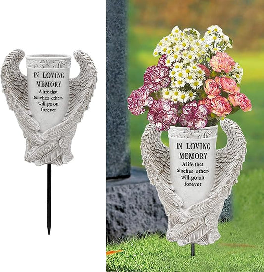 BAYN Grave Decorations for Cemetery, Angel Wings Vases with Spikes for Garden Decorations Waterproof Garden Statues Memorial Gifts for Loss of Loved One