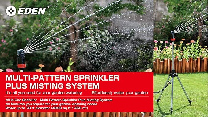 Eden 11530 Multi-Pattern Turbo Gear Drive Metal Tripod Sprinkler Plus Misting System w/Quick Connect Starter Kit, 360 Degree Coverage