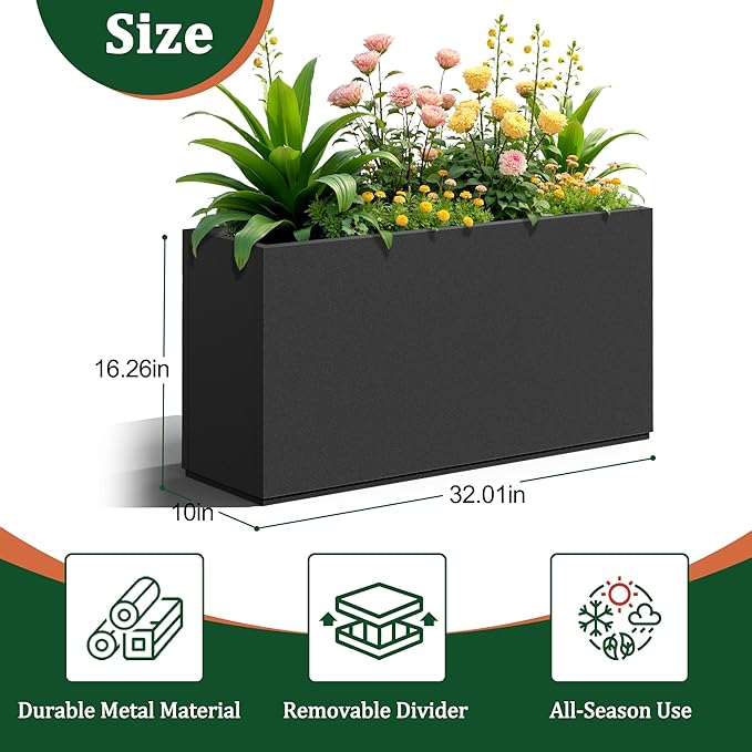 Large Rectangle Planter Metal Black Planter Box with a Drainage Hole and a Removable Divider Indoor Outdoor Porch Pots for Tall Plants, Trees, Flowers 32.01" x 10"x 16.26" Black