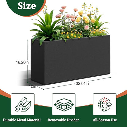 Large Rectangle Planter Metal Black Planter Box with a Drainage Hole and a Removable Divider Indoor Outdoor Porch Pots for Tall Plants, Trees, Flowers 32.01" x 10"x 16.26" Black