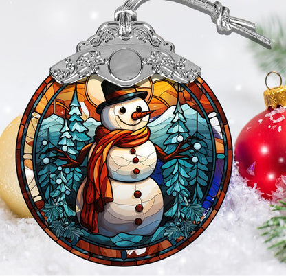 Pine Tree Forest Christmas Snowman Stained Glass Ornament, Holiday Decor for Xmas