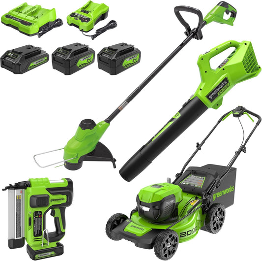 Greenworks 48V (2x24V) All-in-One Cordless Combo - 20" Push Lawn Mower, 12" String Trimmer, 320 CFM Leaf Blower & 3/8" 18 GA Crown Stapler