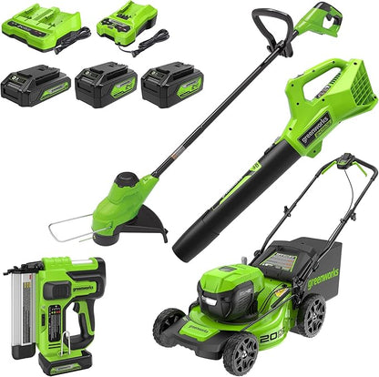 Greenworks 48V (2x24V) All-in-One Cordless Combo - 20" Push Lawn Mower, 12" String Trimmer, 320 CFM Leaf Blower & 3/8" 18 GA Crown Stapler