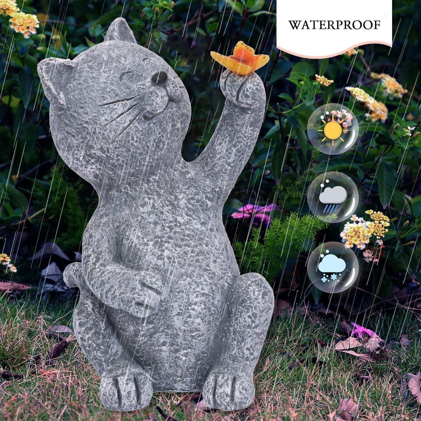 Solar Garden Statue Cat Garden Figurines Cat Garden Statue Outdoor Decor, Solar Powered Resin Sculpture with Butterfly Light Art Decoration for Patio Lawn Yard Porch, Housewarming Garden Gift