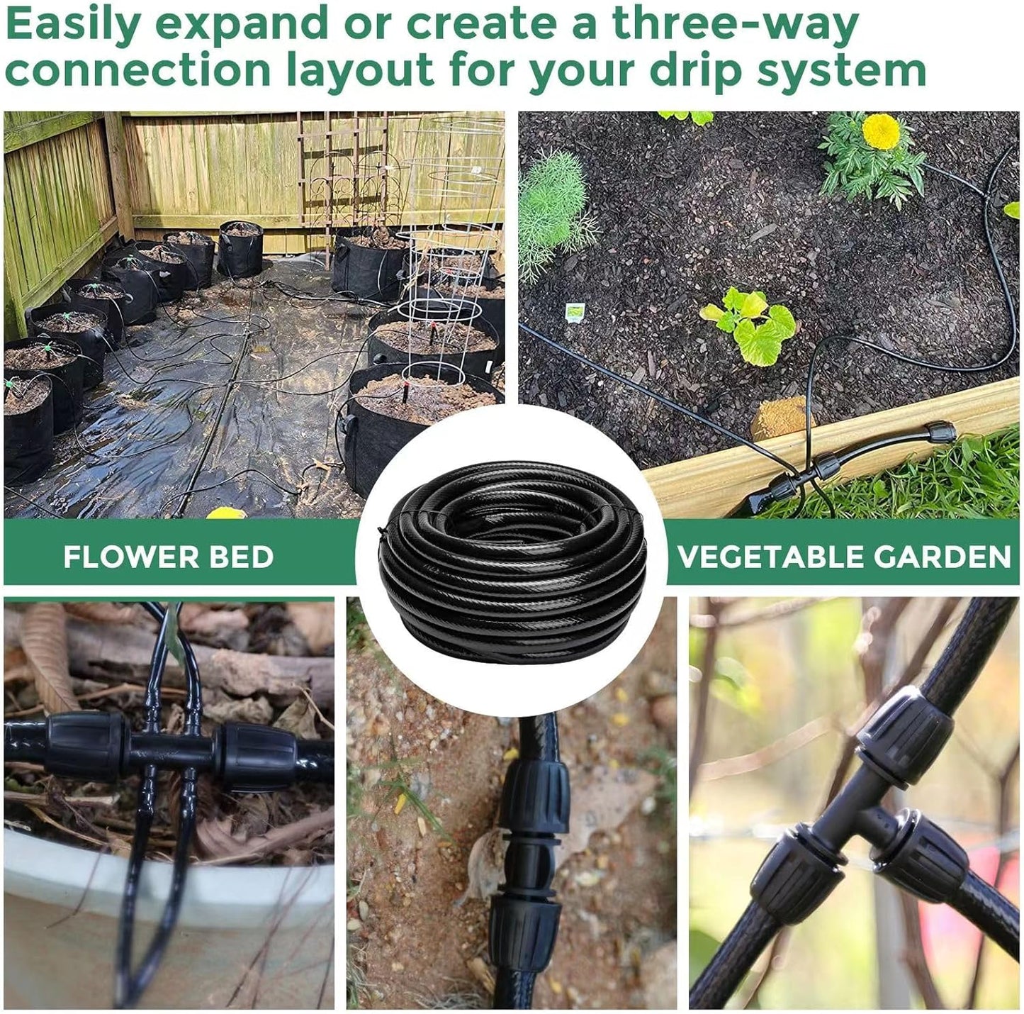 40 FT 1/2 inch Drip Irrigation Tubing Main Line Hose Tube for Garden Irrigation System (Includes 1/2" Straight Connector and 3-Way Connector)