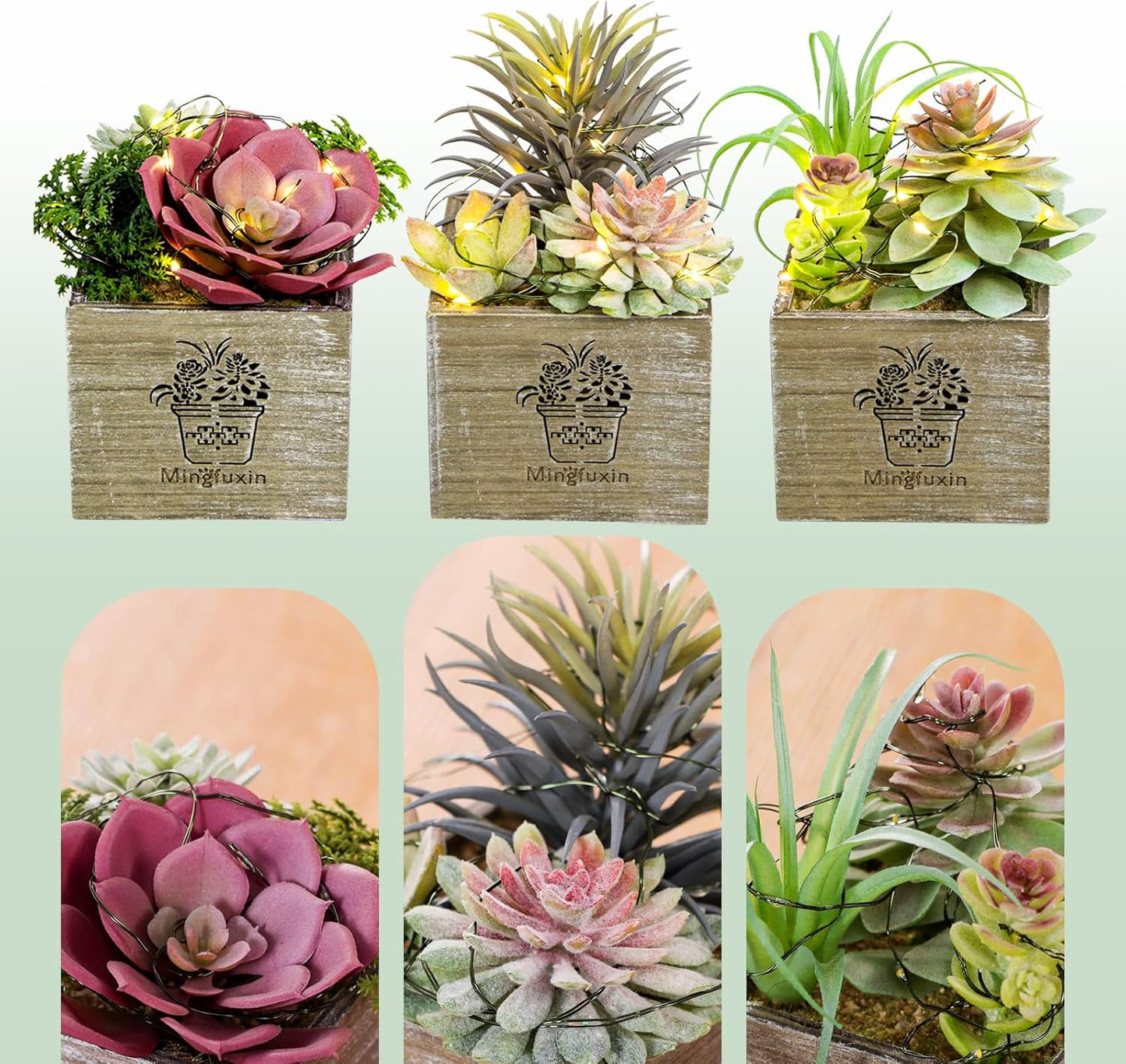 Small Fake Plants, 3 Packs Mini Succulent Plants Artificial with Led Lights for Indoor Bathroom Bedroom Desk Office Decor