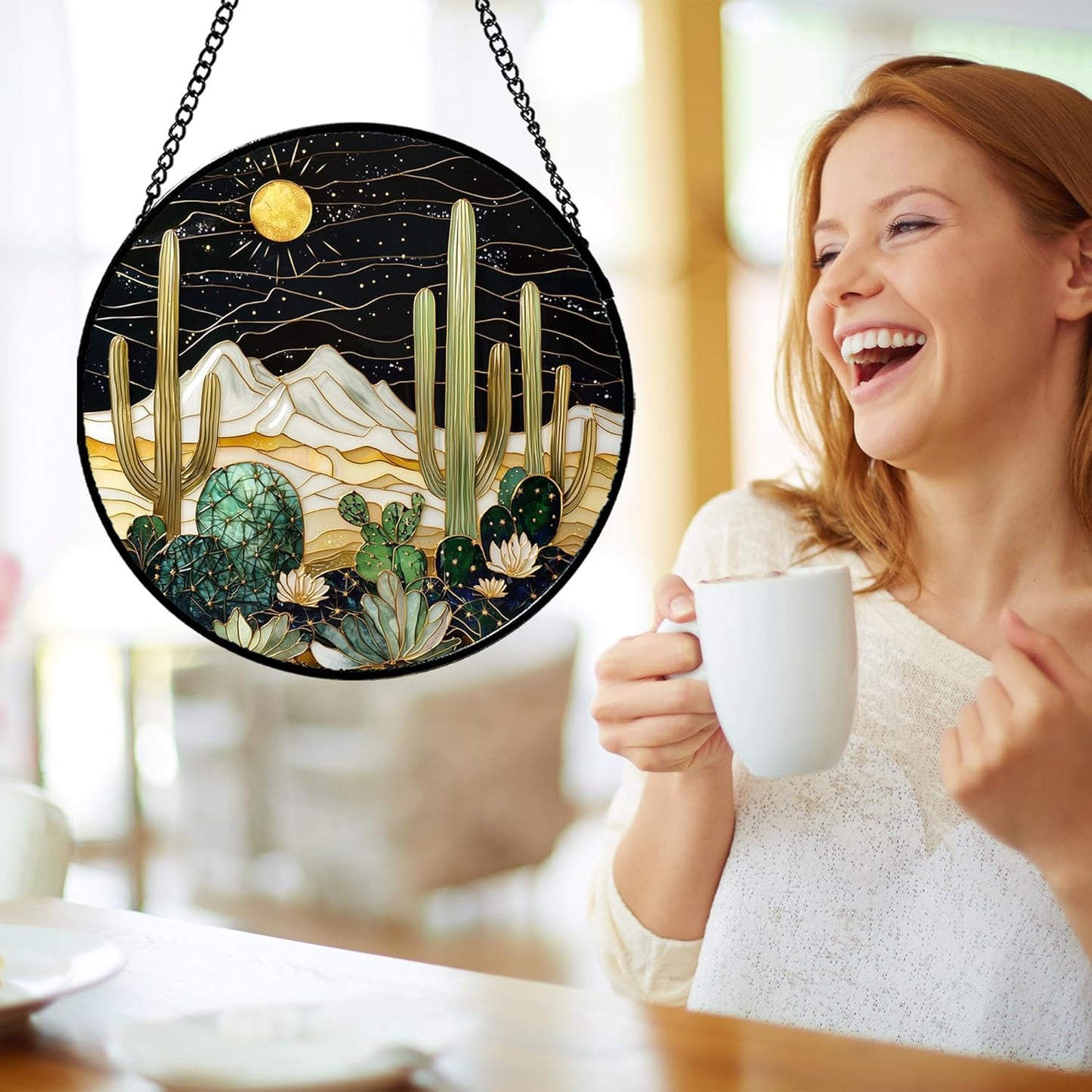 Stained Glass Window Hanging, Black and White Golden Cactus Nature Suncatcher for Doors Window Home Starry Sky Sun Catchers Decor Mother's Day Birthday Gifts for Women, Men Mom 15 in