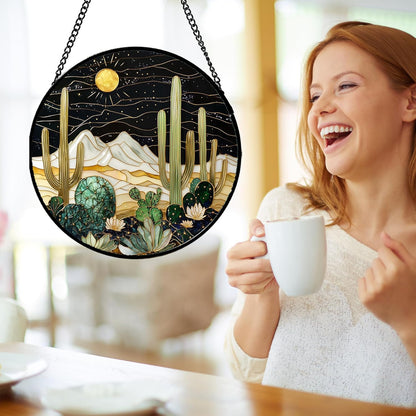 Stained Glass Window Hanging, Black and White Golden Cactus Nature Suncatcher for Doors Window Home Starry Sky Sun Catchers Decor Mother's Day Birthday Gifts for Women, Men Mom 15 in