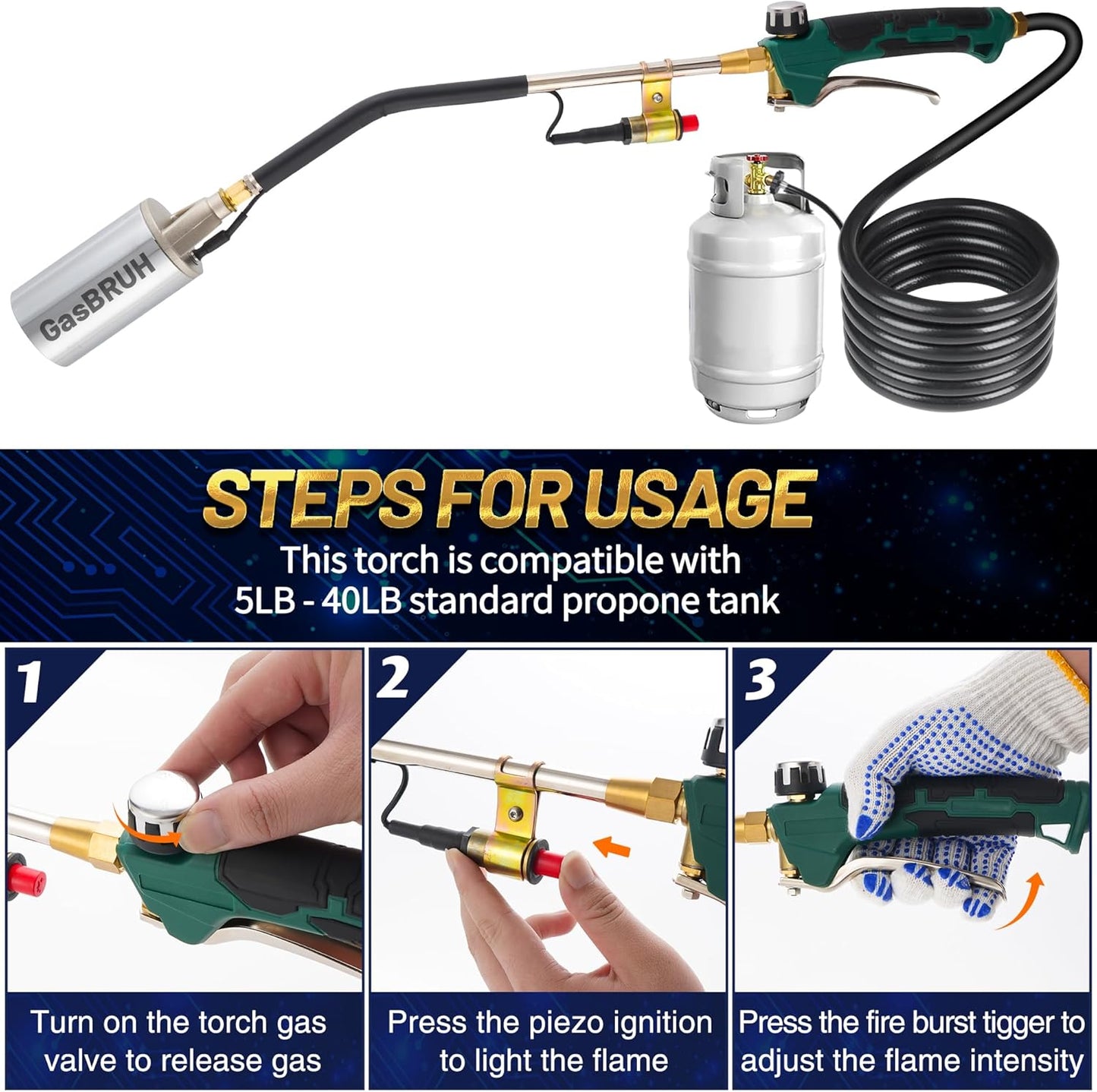 Propane Torch Burner Weed Torch,360,000 BTU Heavy Duty Blow Torch with Turbo Trigger and 10 FT Hose,propane weed burner torch with Igniter,Flame throwe for Weed,Garden,Wood,Charcoal,Ice Snow