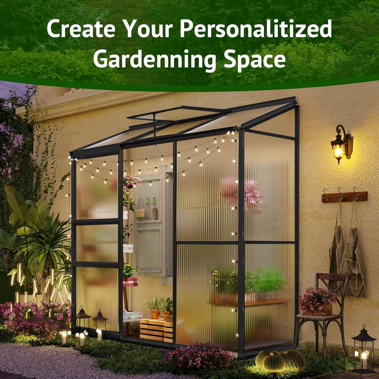 6x2ft Lean-to Polycarbonate Greenhouse, Small Walk-in Green House, with Adjustable Roof Vent, Rain Gutter and Sliding Door, Outdoor Greenhouse for Terrace, Backyard Black