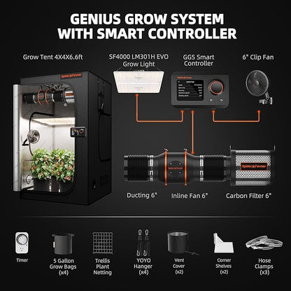Spider Farmer SF4000 Grow Tent Kit Complete 4x4x6.6ft Samsung LM301H EVO LED Diodes, 450W Grow Light Complete System Grow Tent Set 48"x48"x80" with 6" Ventilation System GGS Smart Controller 2025