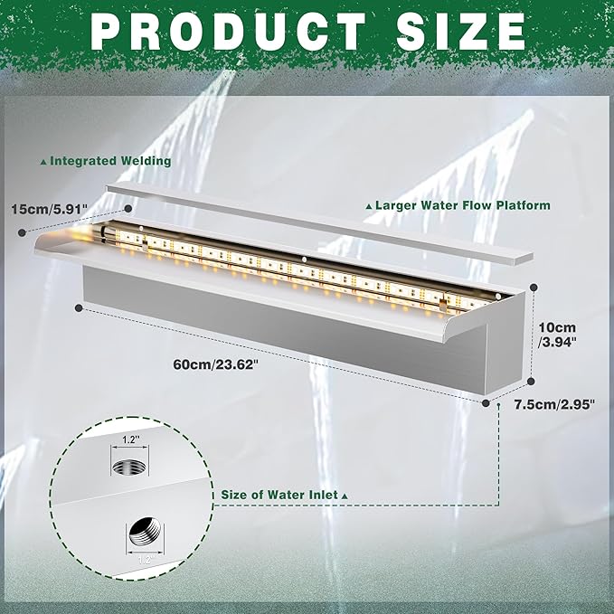 LONGRUN Waterfall Pool Fountain, Updated 5.9'' Wider Open Lip Stainless Steel Waterfall Spillway, Decorative Water Feature for Swimming Pools, Koi Ponds, Spa & Garden - 23.6''