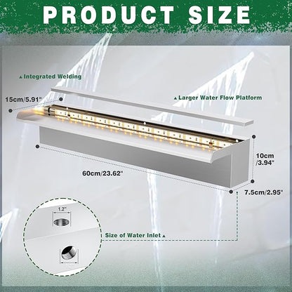 LONGRUN Waterfall Pool Fountain, Updated 5.9'' Wider Open Lip Stainless Steel Waterfall Spillway, Decorative Water Feature for Swimming Pools, Koi Ponds, Spa & Garden - 23.6''