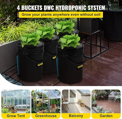 VEVOR DWC Hydroponic System, 5 Gallon 4 Buckets, Deep Water Culture Growing Bucket, Hydroponics Grow Kit with Pump, Air Stone and Water Level Device, for Indoor/Outdoor Leafy Vegetables