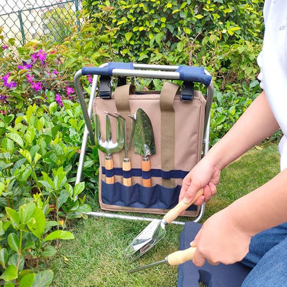 Garden Folding Gardener Stool with Gardening Tools Insulation Garden Bags Plus 5 Garden Tools and Gardening Kneeler Ideal Gift for Mother's Day/Father's Day (Navy Blue)