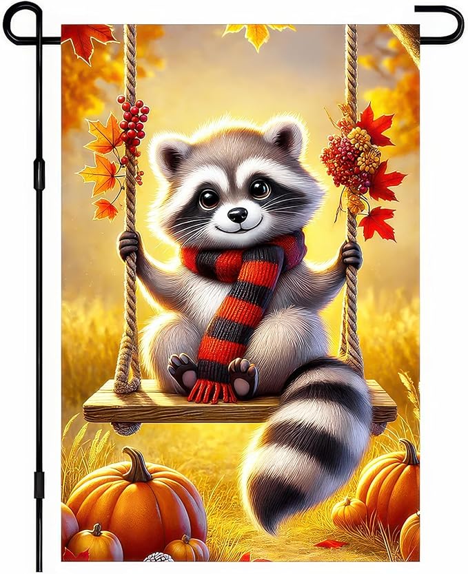 Thanksgiving Fall Garden Flag 12x18 Inch Welcome Raccoon Outdoor Flag Double Sided Autumn Yard Banner with Swing Pumpkins and Leaves for Porch Lawn Patio Seasonal Decor