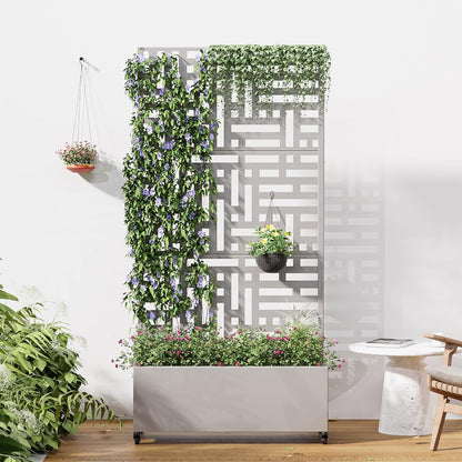 Casaphoria Metal Raised Garden Bed with Trellis and Wheels, 72"x35"x16" Planter Box for Climbing Plants, Vegetables & Vines, Features Drainage Holes and Privacy Screen (Grey-Helen)