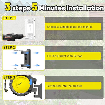 SILVEL Retractable Garden Hose Reel – 5/8 in x 110FT Heavy Duty Automatic Hose Reel Wall Mounted, UV Resistant with 10 Pattern Nozzle, Any Length Lock & Slow Return System, 180°Swivel Bracket, Yellow