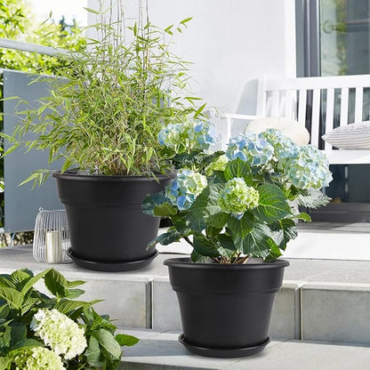 8-inch-Plant-Pots-Indoor-Outdoor, 4 Pack Plastic Planters with Drainage Holes & Saucers, Resin Flower Pots with Trays, Classic Garden Pot Container for House