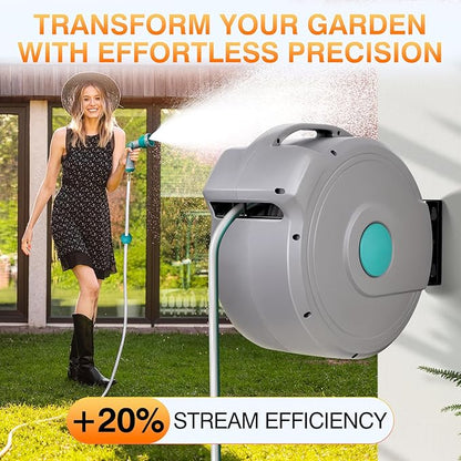 AXTRIM 100 ft x1/2 in Retractable Garden Hose Reel, Premium Wall Mounted Water Hose Reel with 10-Pattern Spray Nozzle, Any Length Lock, Slow Return System, 180° Metal Swivel Bracket, Anti-UV