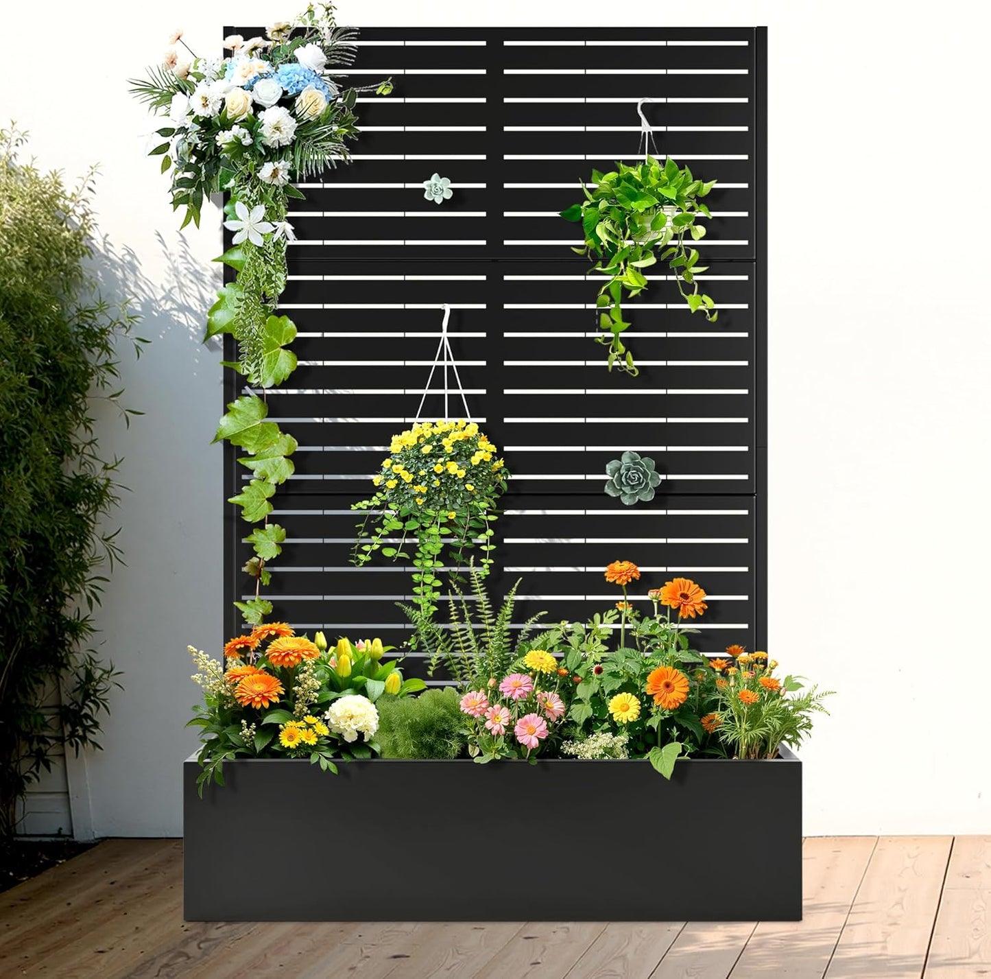 FENCY Metal Raised Garden Bed with Trellis, Metal Planter Box with Trellis, Garden Box for Climbing Plants Vegetable, 47" Lx16 Wx71 H Garden Bed with Drainage Holes(Black-Louvered)