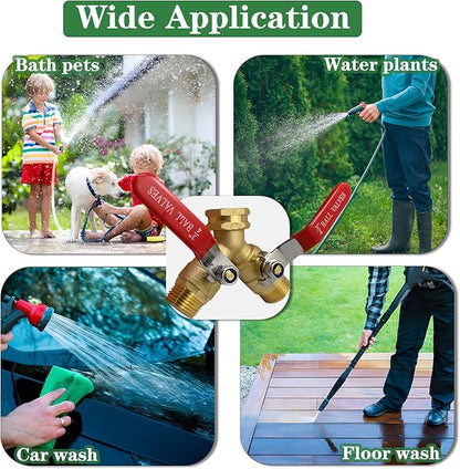 2 Way Garden Hose Splitter, Solid Brass High Flow Spigot Splitter with 3/4” GHT Thread, Individual Shut-Off Valves & Long Handle, Heavy Duty Hose Manifold for Outdoor Faucet