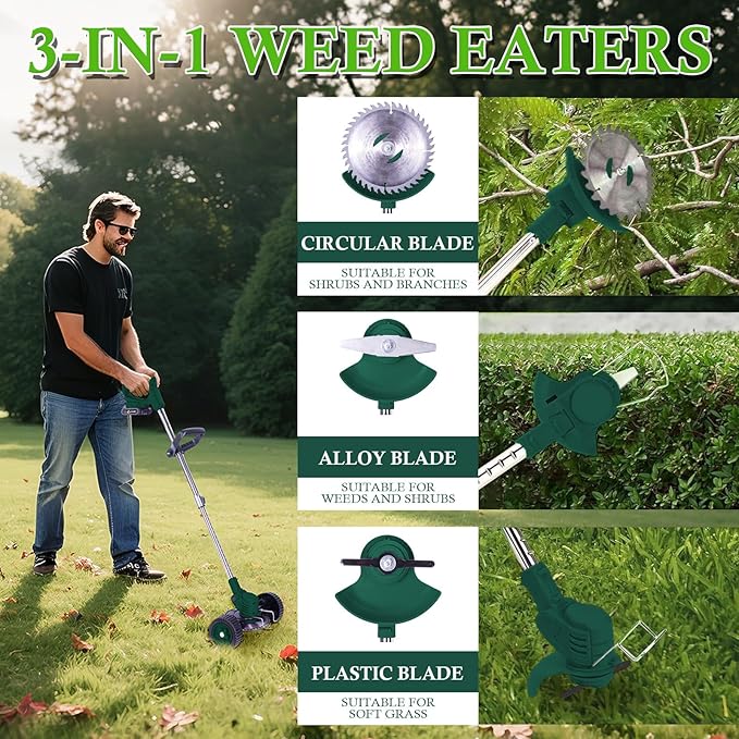 Weed Wacker Cordless Adjustable Weed Eaters 3 in 1 Electric String Trimmer Lawn with Two Battery with Charger Comes with Multiple Blades for Yard,Green,Garden(Green)