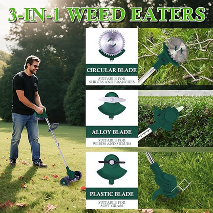 Weed Wacker Cordless Adjustable Weed Eaters 3 in 1 Electric String Trimmer Lawn with Two Battery with Charger Comes with Multiple Blades for Yard,Green,Garden(Green)