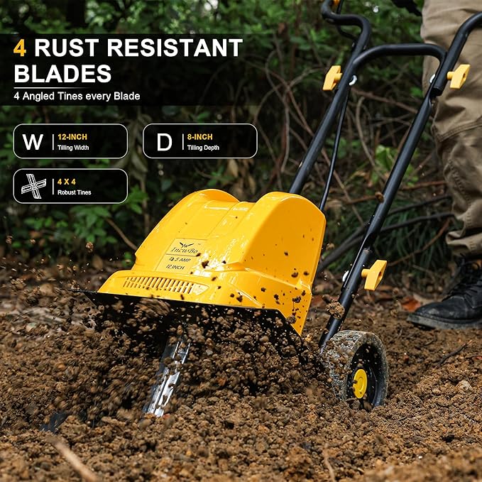 Electric Tiller/Cultivator 4 Steel Tines, 8'' Tilling Depth Garden Roto Tillers for Gardening, 13.5 Amp 12 Inch Corded Rototiller with Adjustable Wheels, Yellow