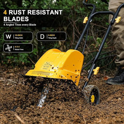 Electric Tiller/Cultivator 4 Steel Tines, 8'' Tilling Depth Garden Roto Tillers for Gardening, 13.5 Amp 12 Inch Corded Rototiller with Adjustable Wheels, Yellow