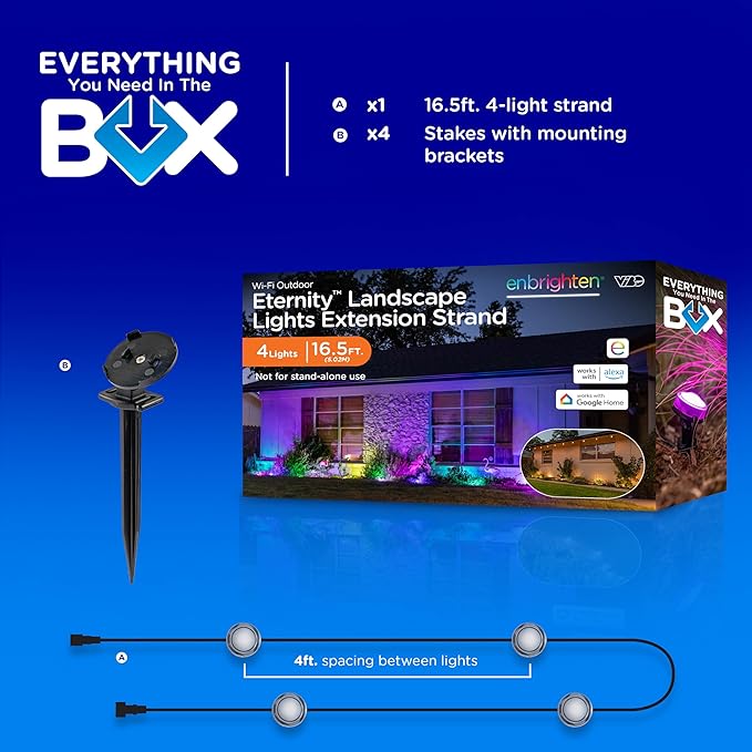 Enbrighten Vibe Eternity Garden Lights, Extension Only, Not for Standalone Use, 16.5ft with 4 RGBWIC LEDs, Waterproof, Landscape Lighting Needed, Extendable up to 150ft, 83794