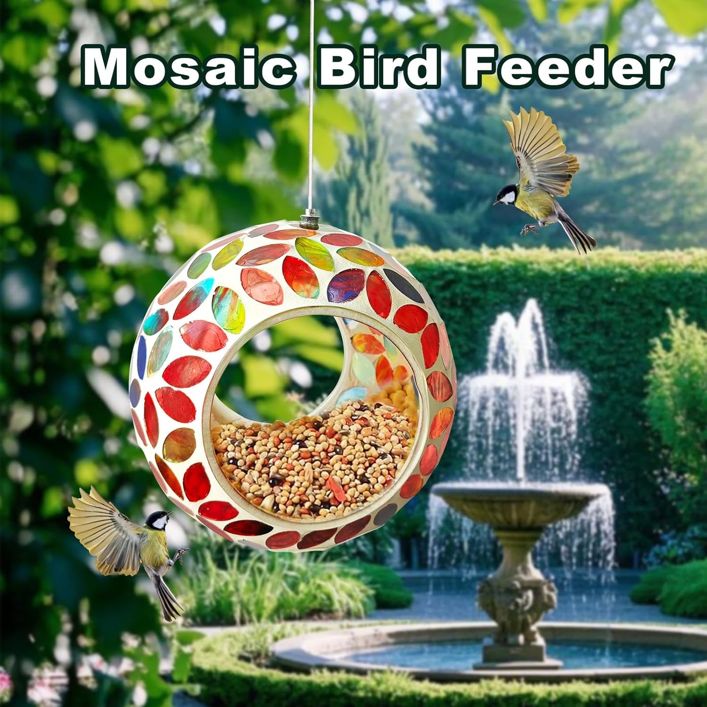 Mosaic Bird Feeder, Outside Hanging with Round Shape Glass BirdFeeders to Attract More Wild Birds, Mosaic Fly Through for Garden, Yard, Backyard, Deck and Porch Decor, Red 7-Inch