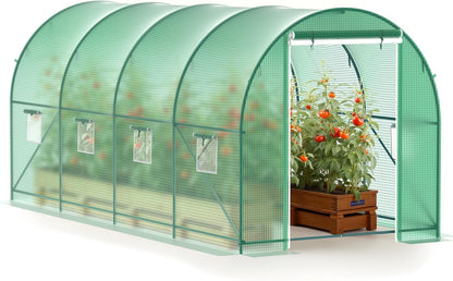 Greenhouse, 15’x7’x7’ Walk-in Greenhouse Heavy Duty Tunnel Green House with 6 Ventilated Mesh Windows & Zippered Roll-up Door, Large Plant Garden Hot House Outdoor with Reinforced Frame