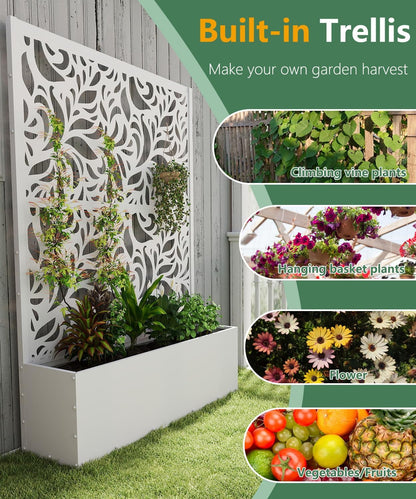 Metal Planter Box with Trellis,70.9"x47.2"x15.7" Raised Garden Bed with Drainage Holes, Privacy Planters for Outdoor Garden Bed for Climbing Plants,Vegetables,and Vines, White-Flower